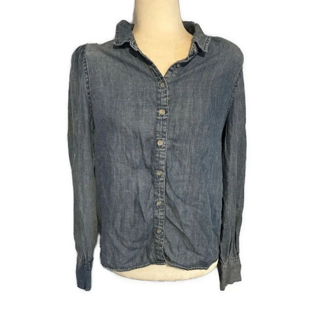 aqua label denim Jean Tencel Solid Blue long sleeve button down top Medium